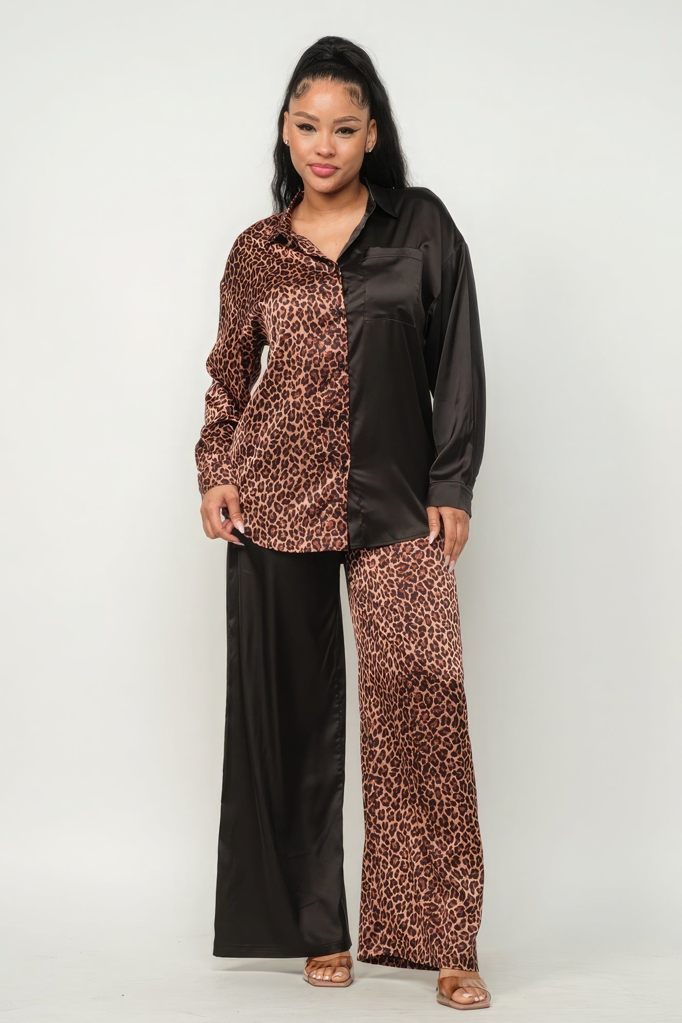 Half Animal Print And Half Solid Top And Pants Set Look Up Deals