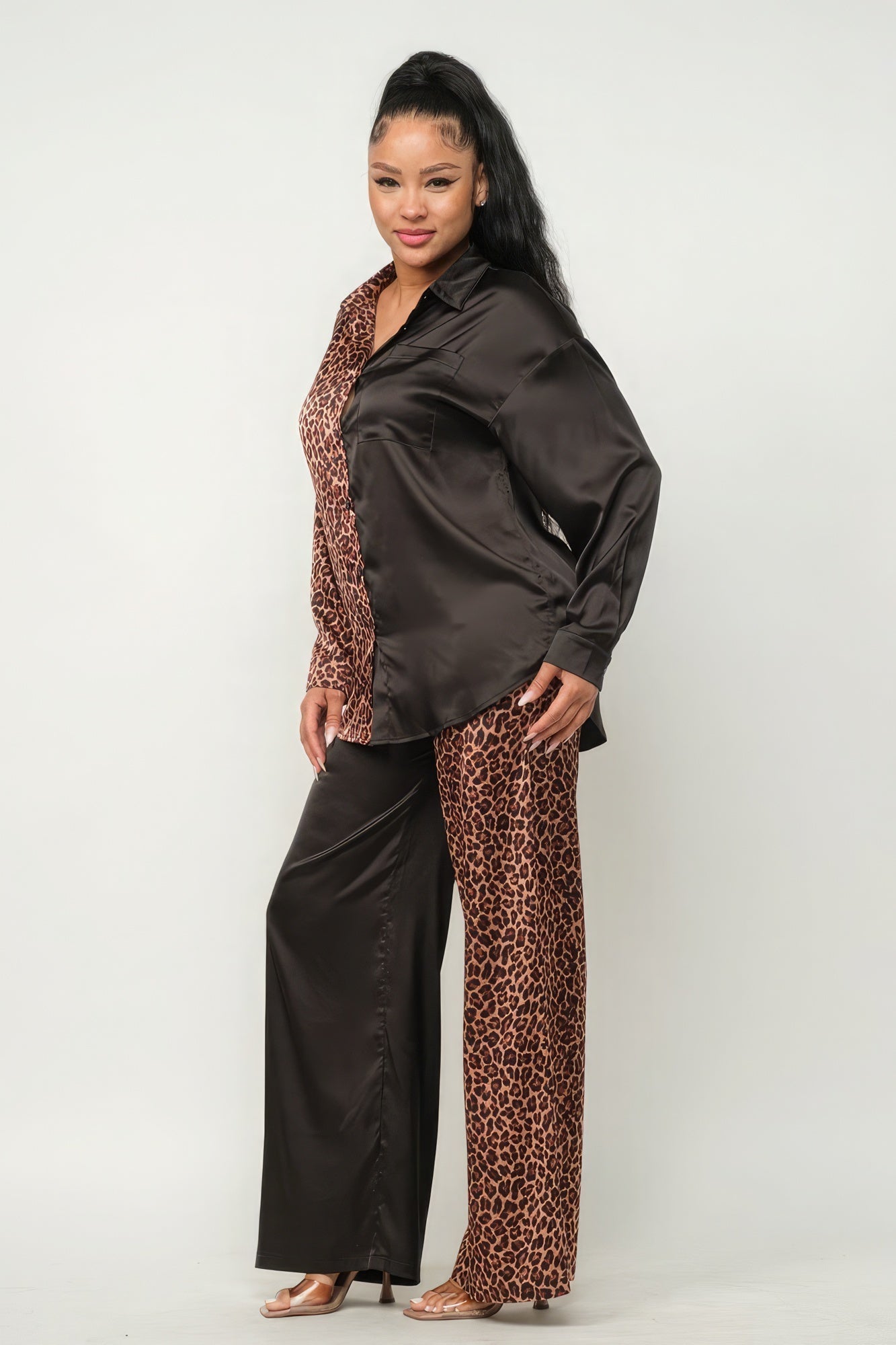 Half Animal Print And Half Solid Top And Pants Set Look Up Deals