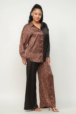 Half Animal Print And Half Solid Top And Pants Set Look Up Deals