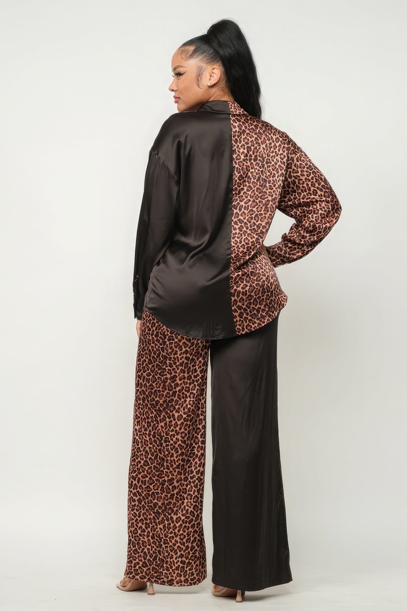 Half Animal Print And Half Solid Top And Pants Set Look Up Deals