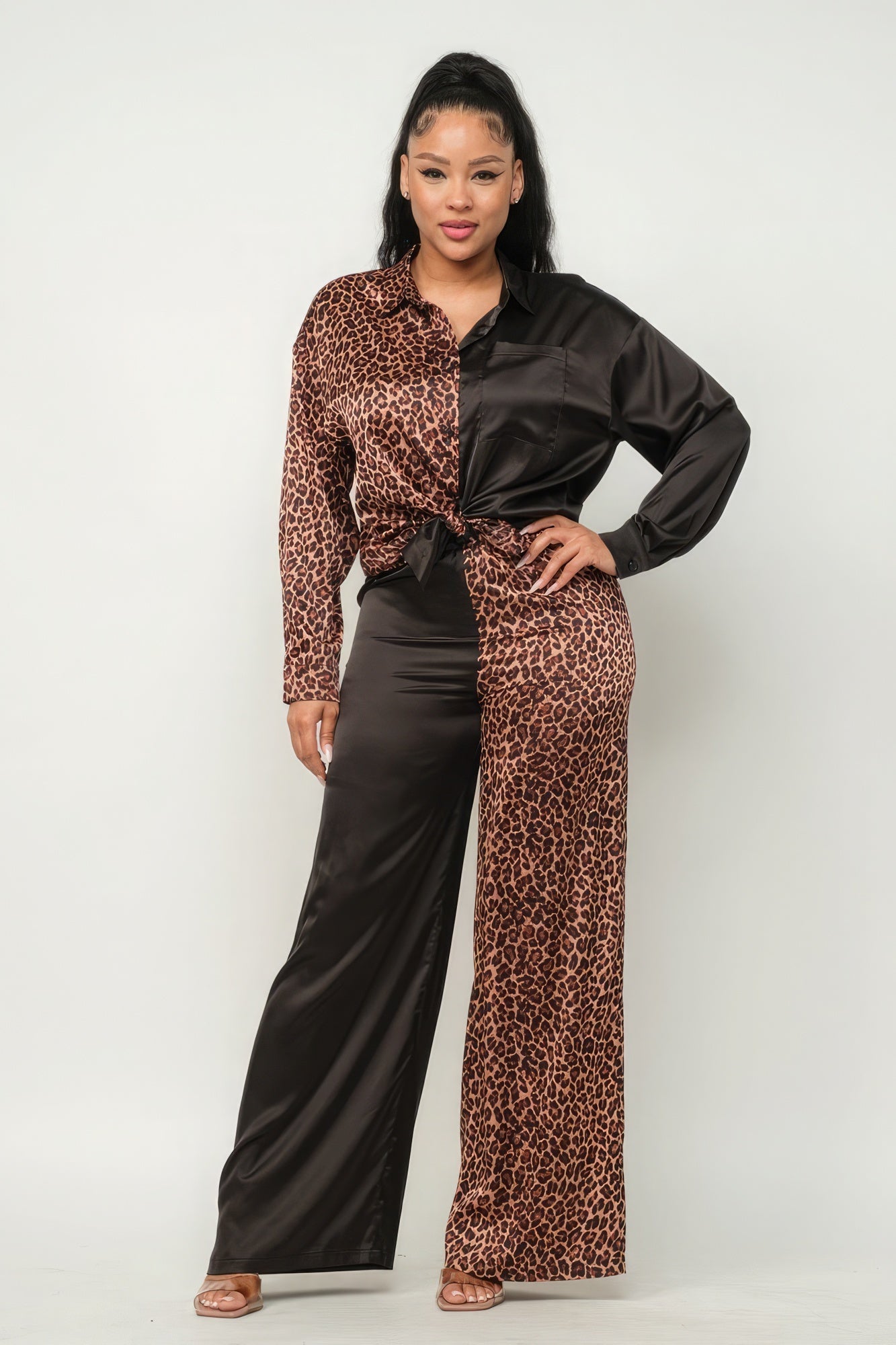 Half Animal Print And Half Solid Top And Pants Set Look Up Deals