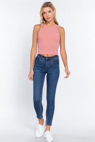 Halter Neck Rib Crop Tank Top Look Up Deals