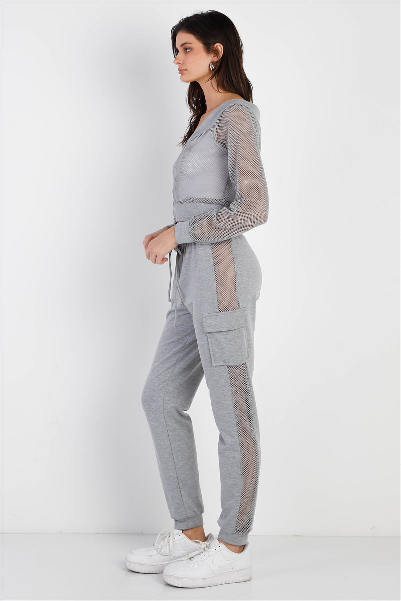 Heather Grey Contrast Fishnet Zip-up Top & Pants Set Look Up Deals