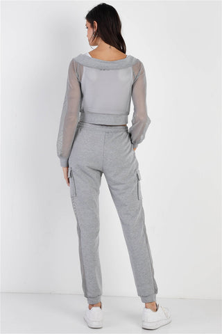 Heather Grey Contrast Fishnet Zip-up Top & Pants Set Look Up Deals