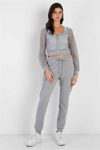 Heather Grey Contrast Fishnet Zip-up Top & Pants Set Look Up Deals