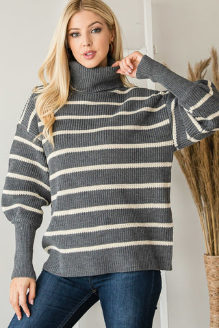 Heavy Knit Striped Turtle Neck Knit Sweater Look Up Deals