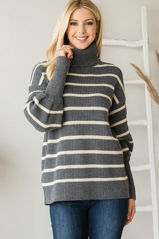 Heavy Knit Striped Turtle Neck Knit Sweater Look Up Deals