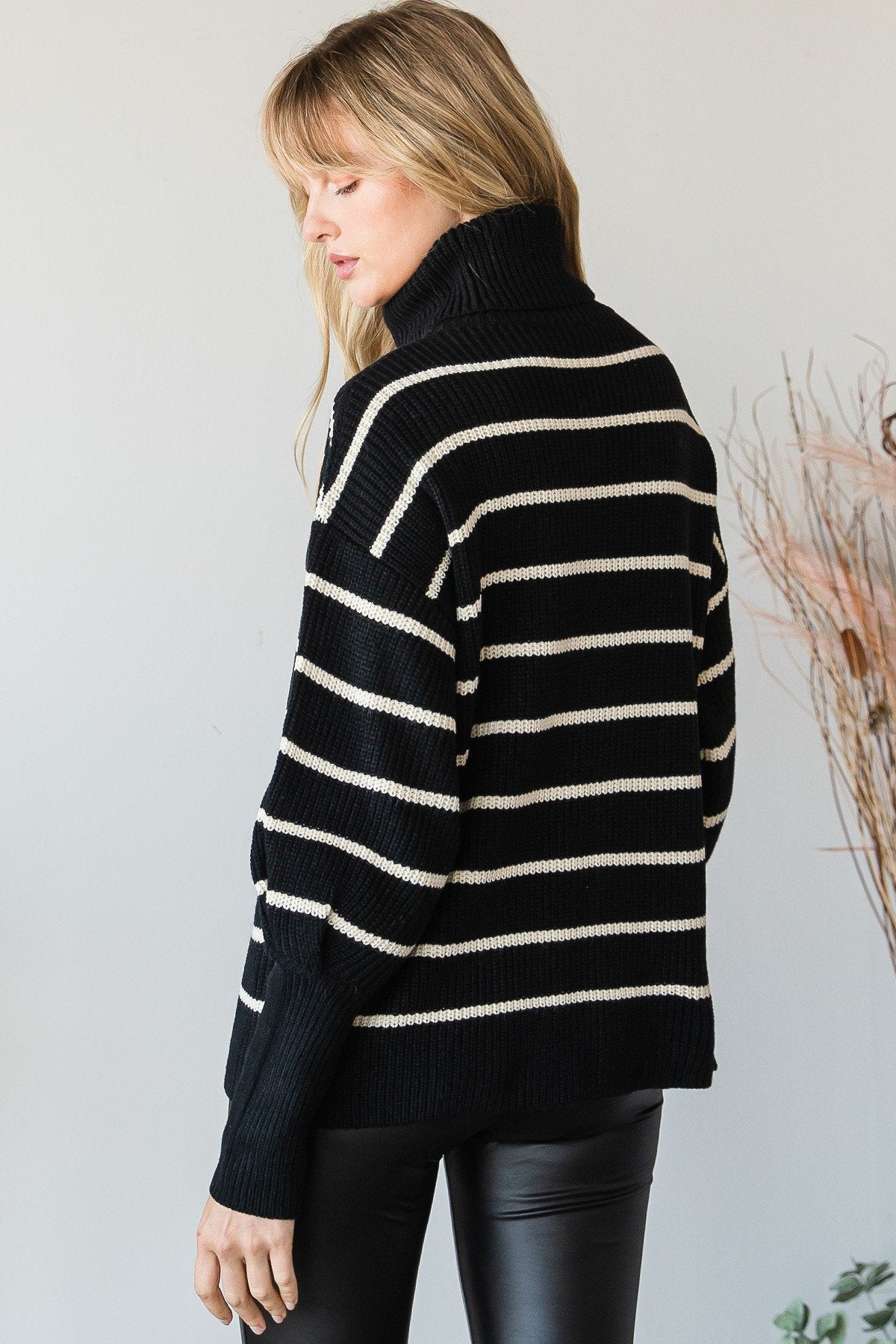 Heavy Knit Striped Turtle Neck Knit Sweater Look Up Deals