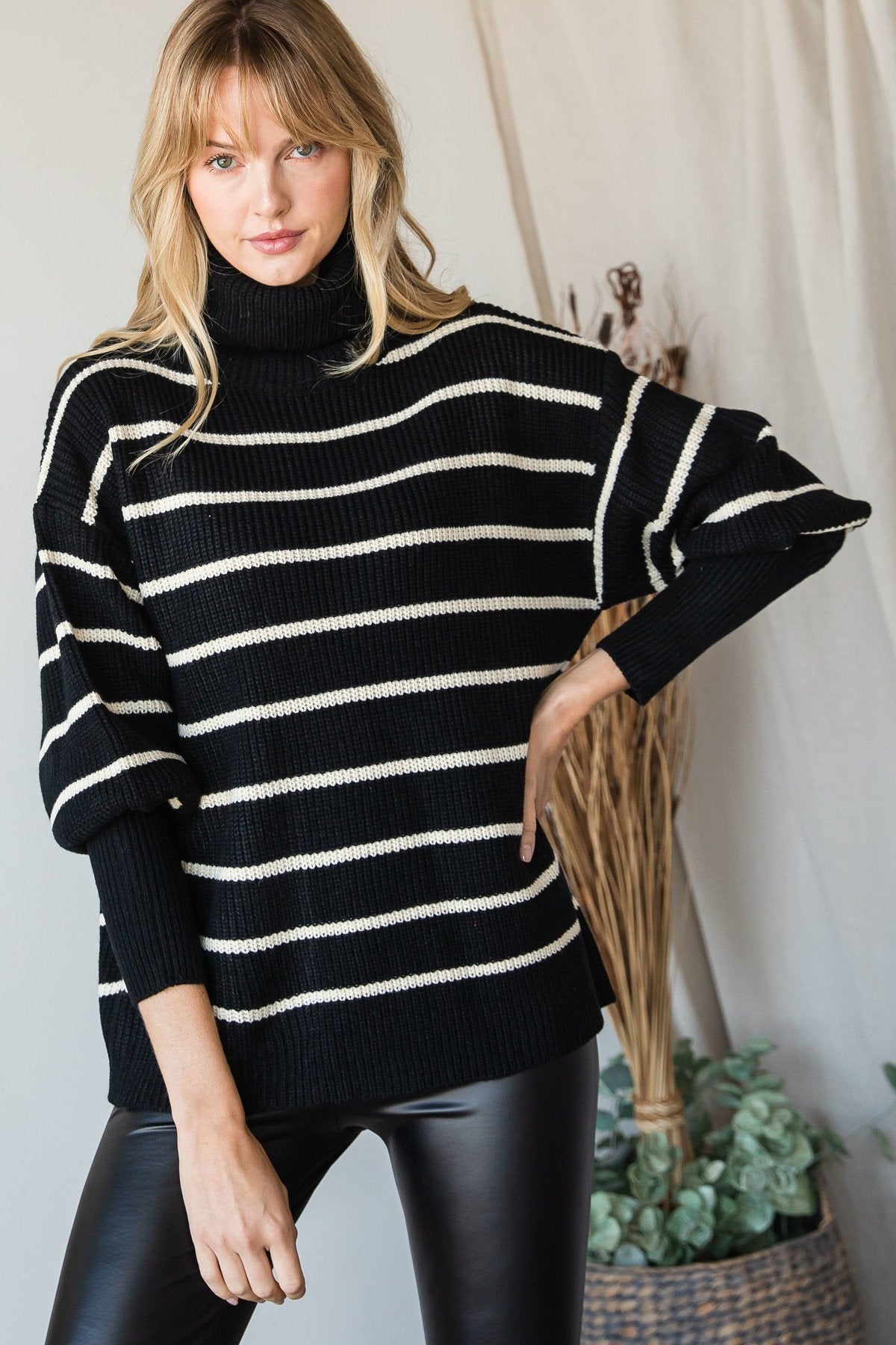 Heavy Knit Striped Turtle Neck Knit Sweater Look Up Deals