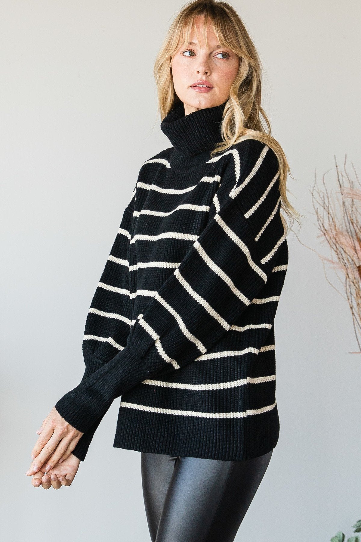 Heavy Knit Striped Turtle Neck Knit Sweater Look Up Deals