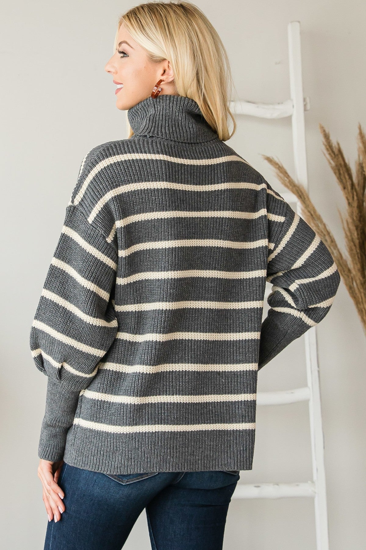 Heavy Knit Striped Turtle Neck Knit Sweater Look Up Deals