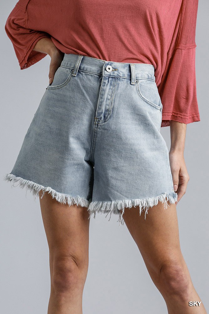 High Rise Denim Shorts With Raw Hem Look Up Deals