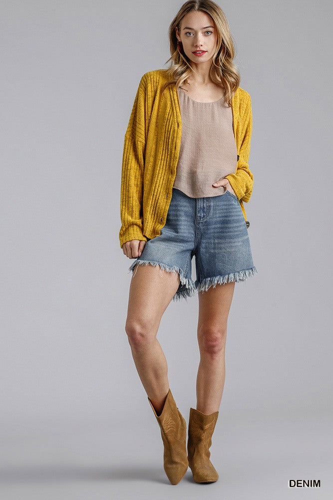 High Rise Denim Shorts With Raw Hem Look Up Deals