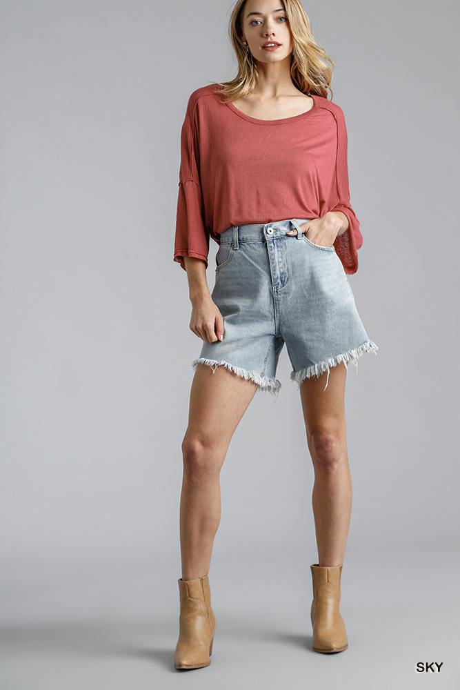 High Rise Denim Shorts With Raw Hem Look Up Deals