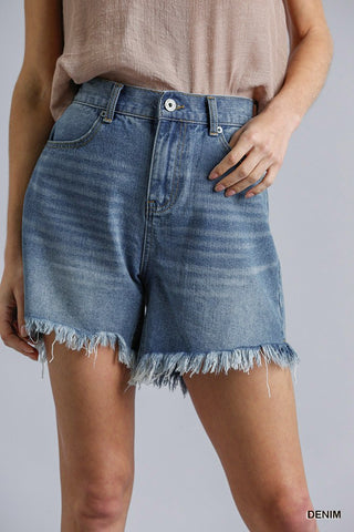 High Rise Denim Shorts With Raw Hem Look Up Deals