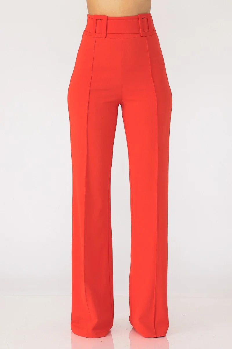 High Waist Pants With Self Fabric Buckle Detail On The Waist Look Up Deals