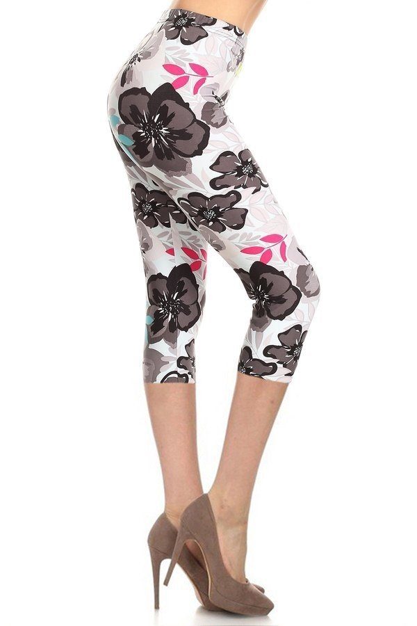 High Waisted Floral Printed Knit Capri Legging Look Up Deals