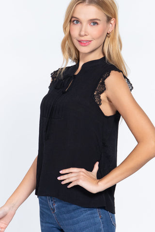 Lace Slv China Colllar Woven Top Look Up Deals