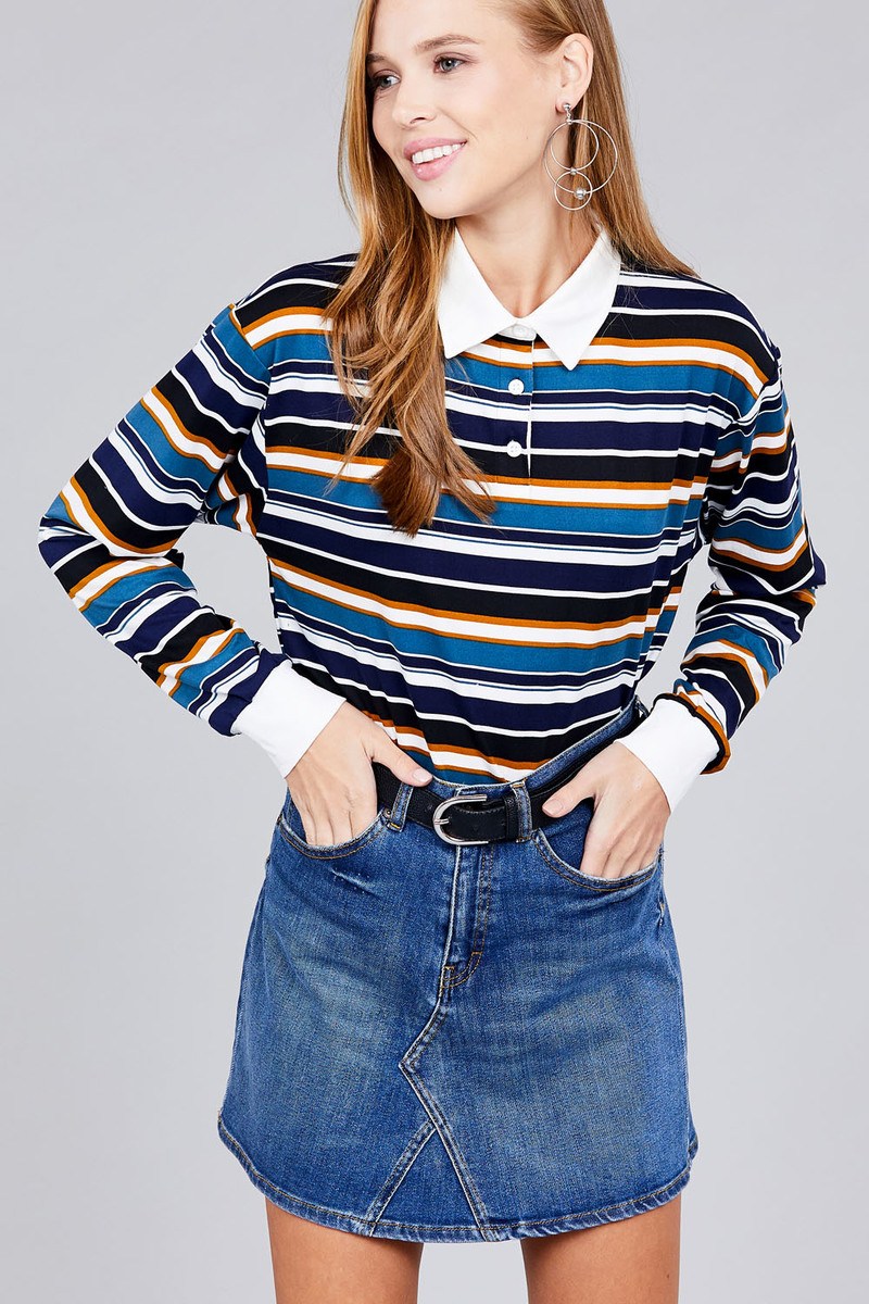 Ladies fashion plus size long sleeve multi striped dty brushed shirts Look Up Deals