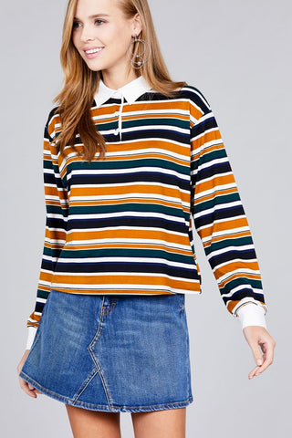 Ladies fashion plus size long sleeve multi striped dty brushed shirts Look Up Deals