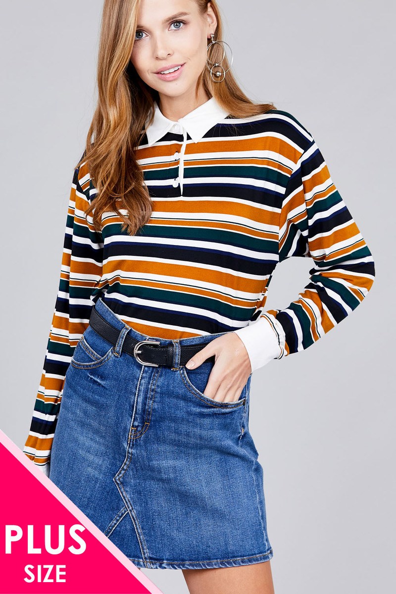 Ladies fashion plus size long sleeve multi striped dty brushed shirts Look Up Deals