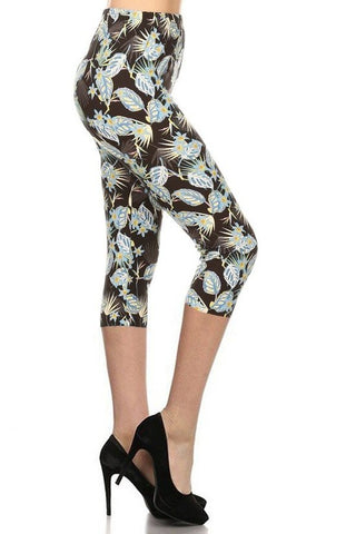 Leaves Printed, High Waisted Capri Leggings With An Elastic Waist Look Up Deals