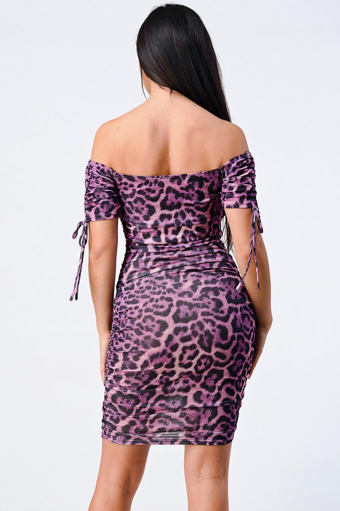 Leopard Print Off Shoulder Shirring Bodycon Dress Look Up Deals