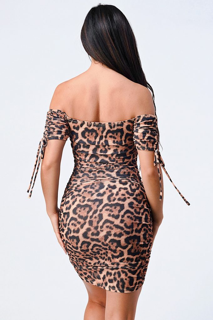 Leopard Print Off Shoulder Shirring Bodycon Dress Look Up Deals