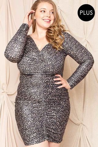 Leopard Print Shirring Plus Size Mini Dress Look Up Deals