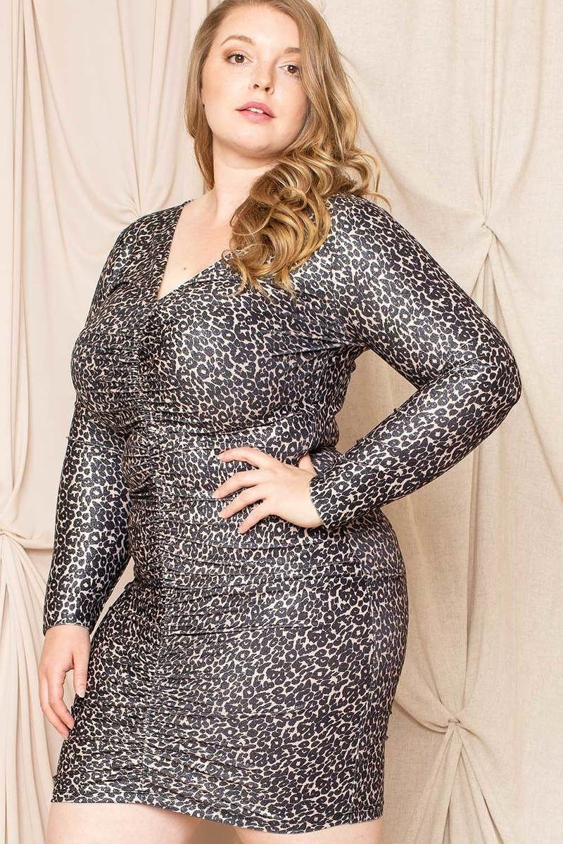 Leopard Print Shirring Plus Size Mini Dress Look Up Deals