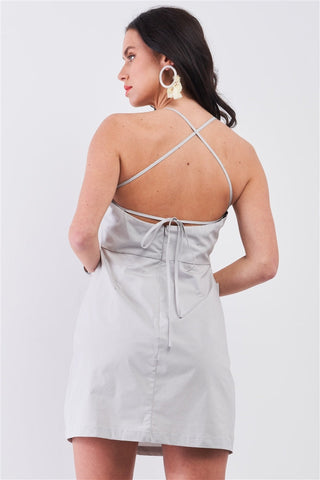 Light Grey Cotton Sleeveless Back Criss Cross Straps Square Neck Side Pockets Apron Mini Dress Look Up Deals