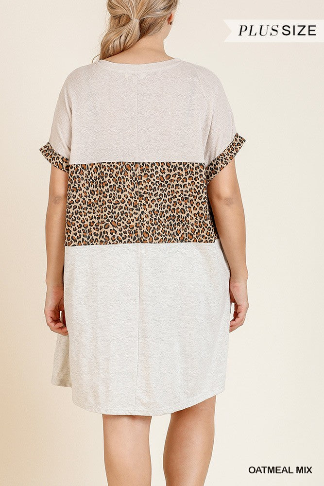 Linen Blend Short Folded Sleeve Animal Print Colorblocked V-neck Dress With Pockets Look Up Deals