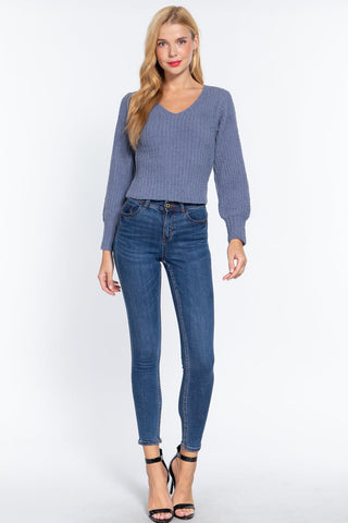 Long Puff Slv V-neck Rib Sweater Look Up Deals