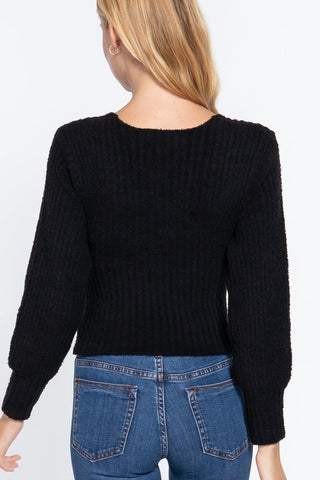 Long Puff Slv V-neck Rib Sweater Look Up Deals