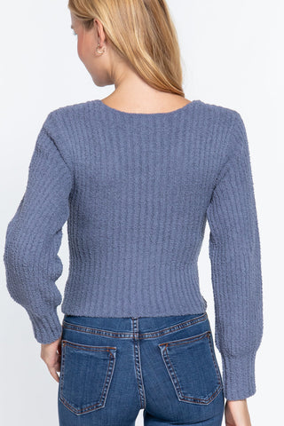 Long Puff Slv V-neck Rib Sweater Look Up Deals