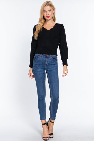 Long Puff Slv V-neck Rib Sweater Look Up Deals