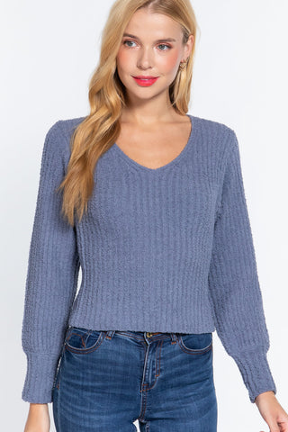 Long Puff Slv V-neck Rib Sweater Look Up Deals