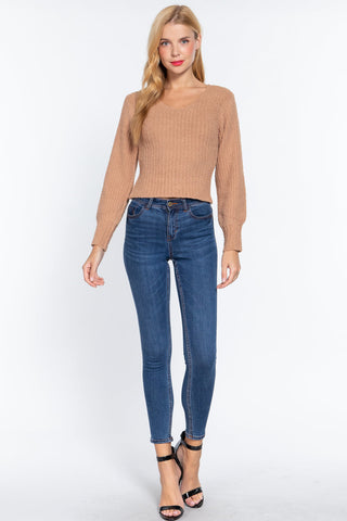 Long Puff Slv V-neck Rib Sweater Look Up Deals