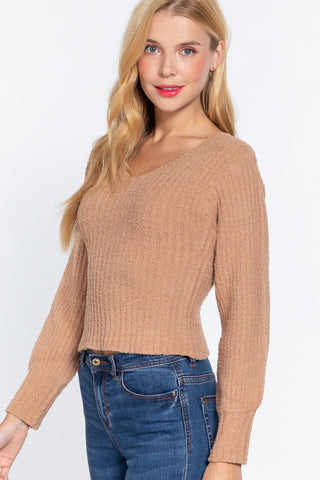 Long Puff Slv V-neck Rib Sweater Look Up Deals