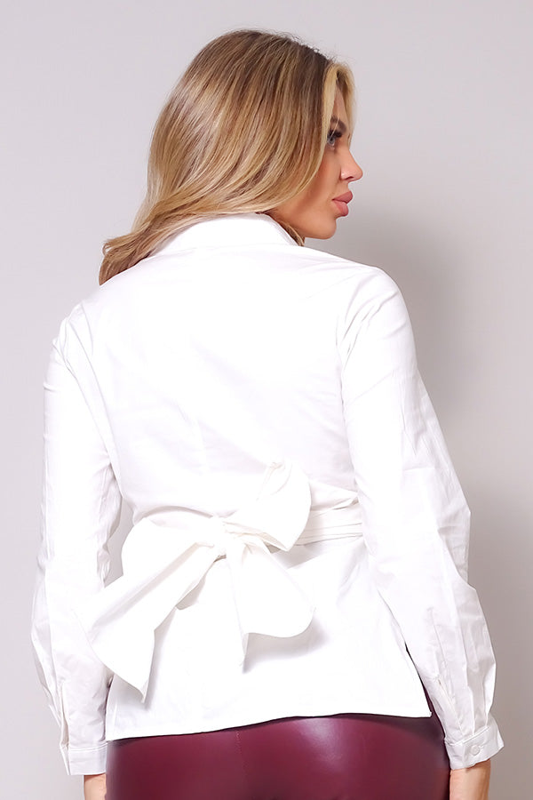 Long Sleeve Crossed Front Back Tie Button Down Cropped Shirt Look Up Deals