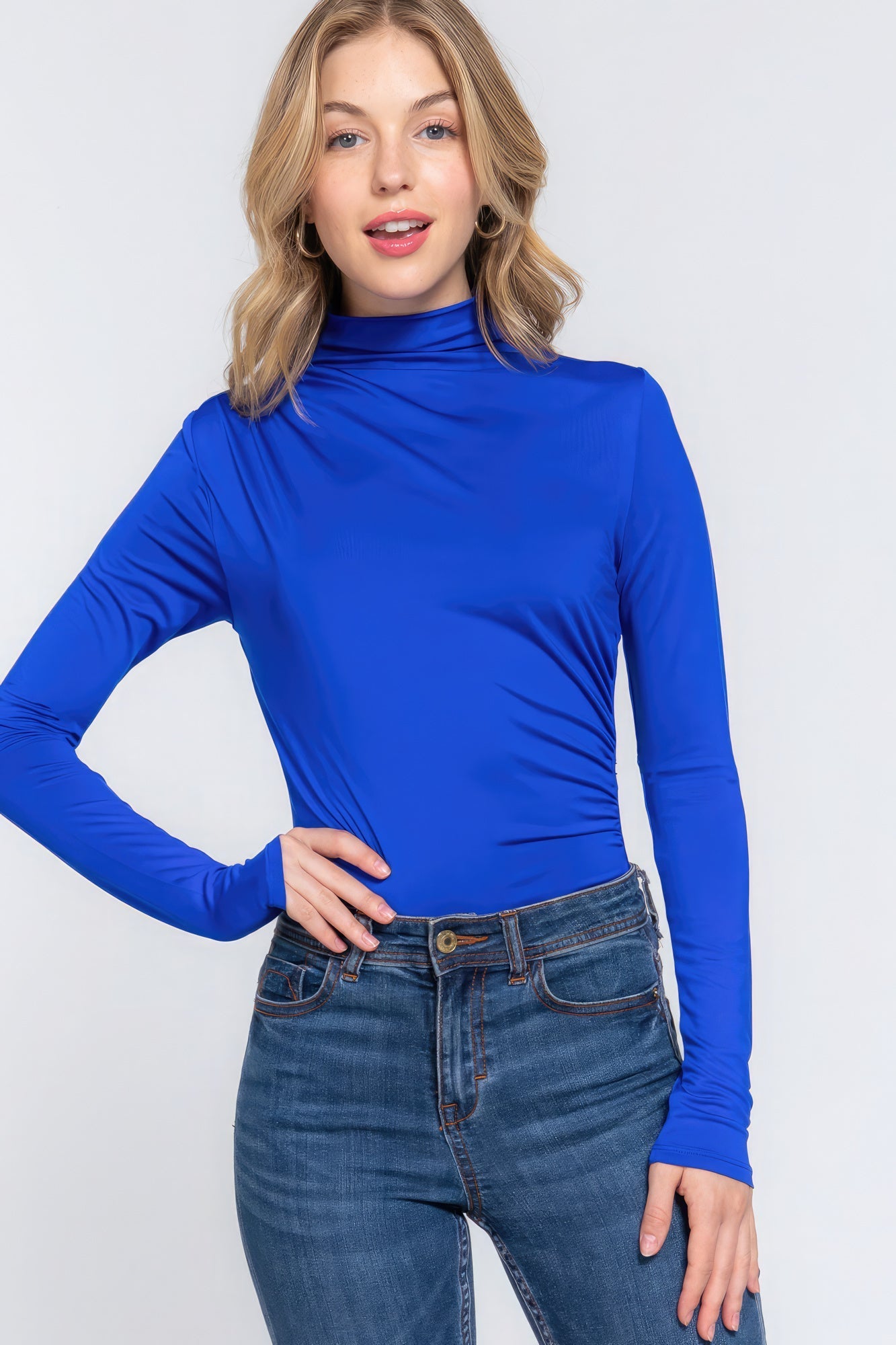 Long Sleeve High Neck Shirring Detail Ity Knit Bodysuit Look Up Deals