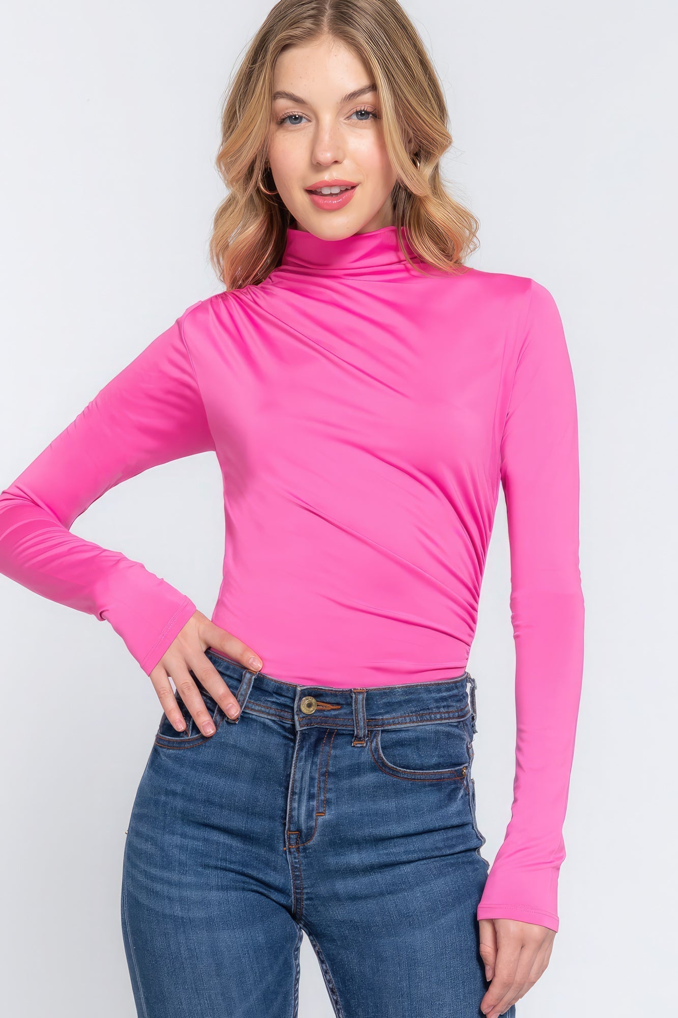 Long Sleeve High Neck Shirring Detail Ity Knit Bodysuit Look Up Deals