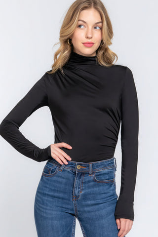 Long Sleeve High Neck Shirring Detail Ity Knit Bodysuit Look Up Deals