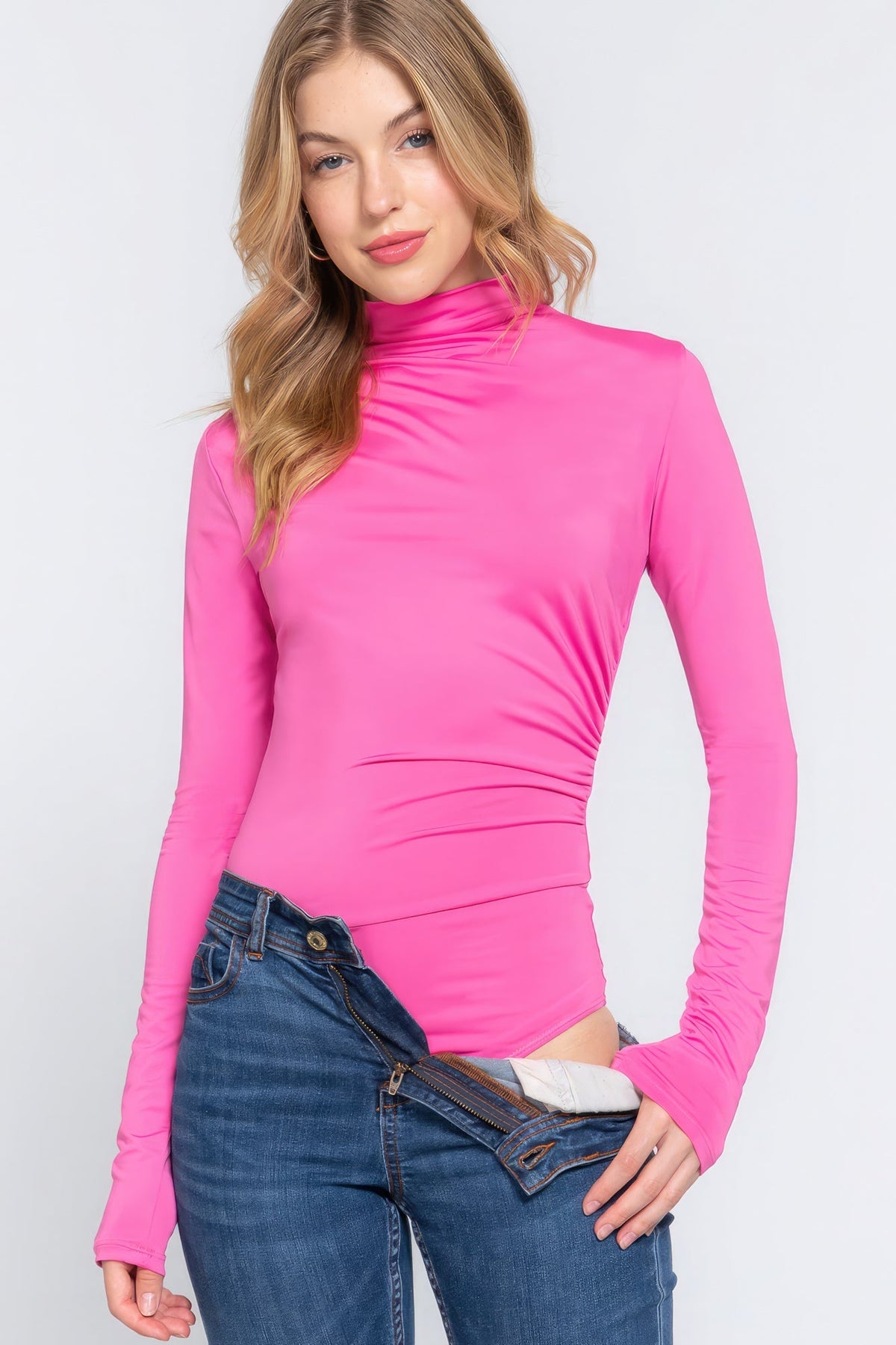 Long Sleeve High Neck Shirring Detail Ity Knit Bodysuit Look Up Deals