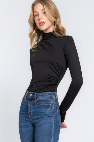 Long Sleeve High Neck Shirring Detail Ity Knit Bodysuit Look Up Deals