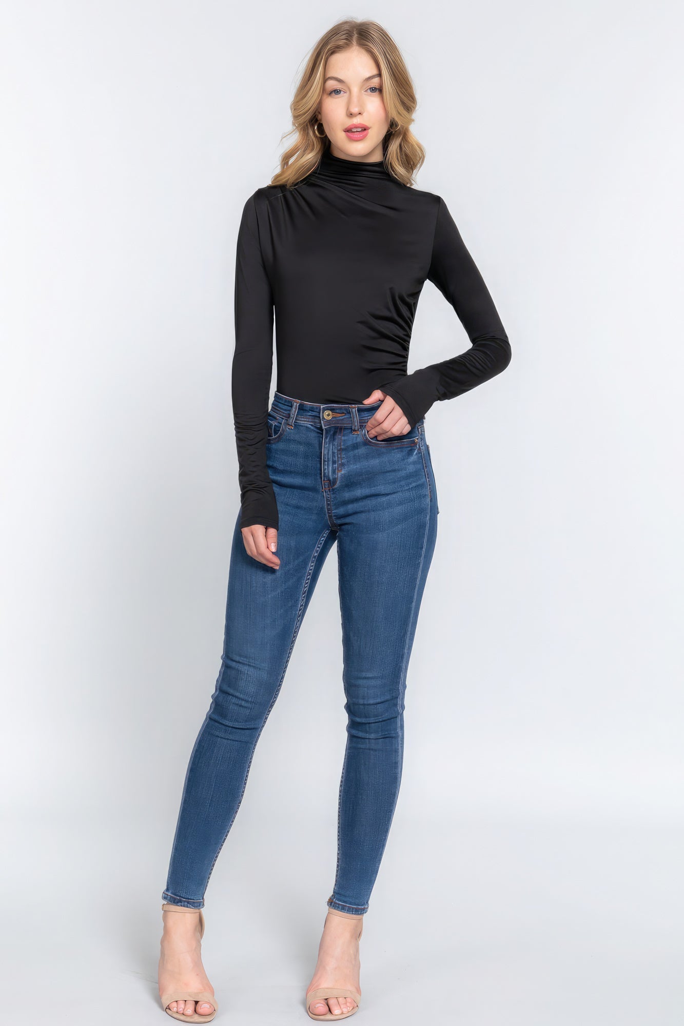 Long Sleeve High Neck Shirring Detail Ity Knit Bodysuit Look Up Deals