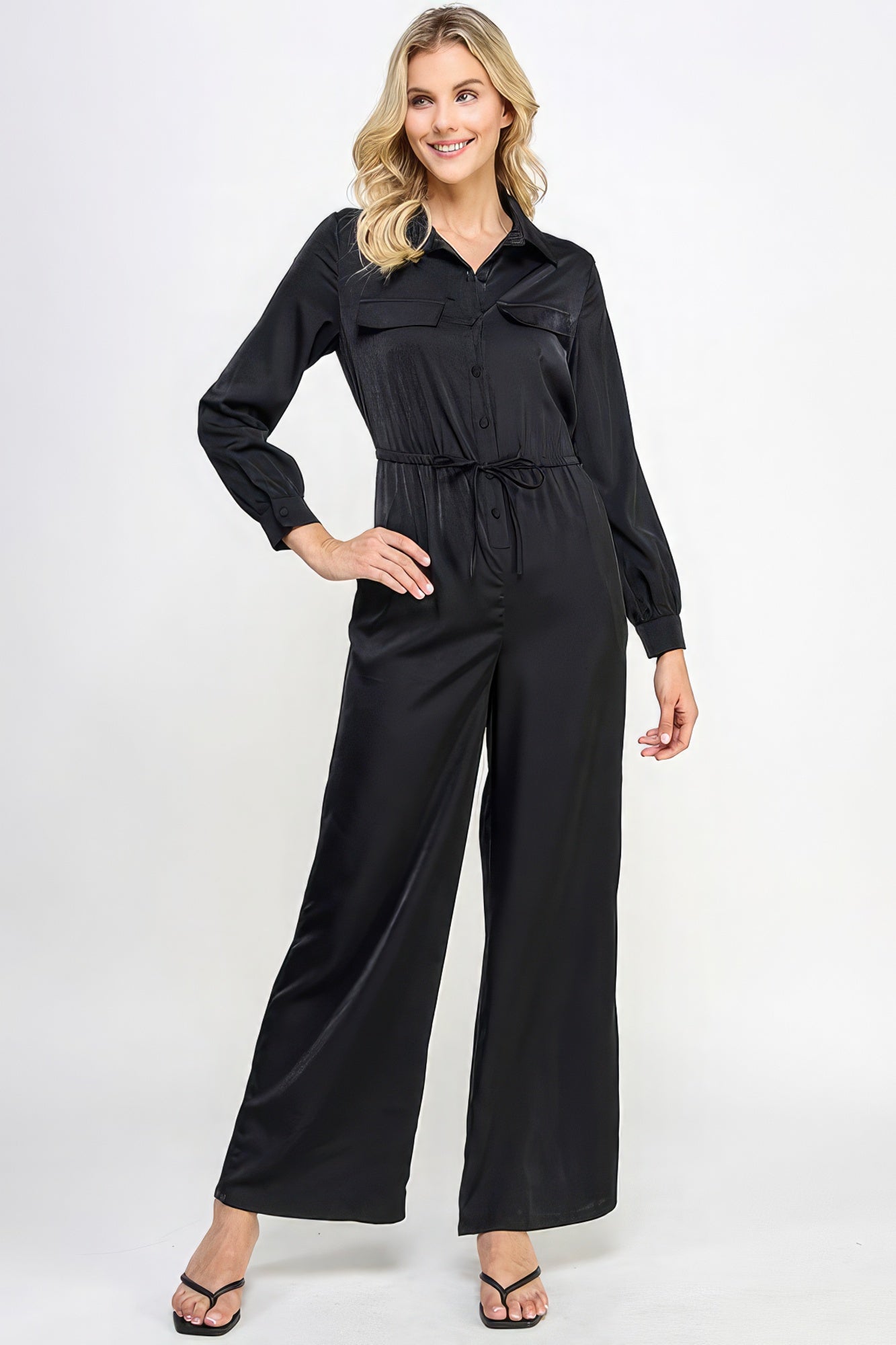 Long Sleeve Jumpsuit With Waist Drawstring Look Up Deals