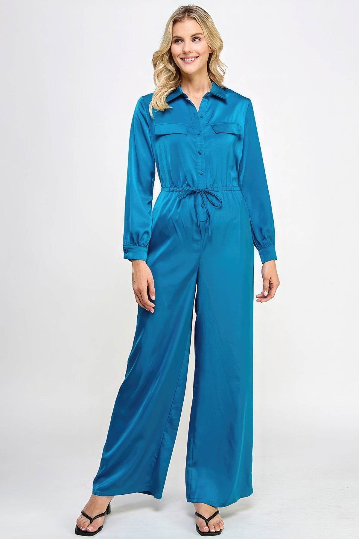 Long Sleeve Jumpsuit With Waist Drawstring Look Up Deals