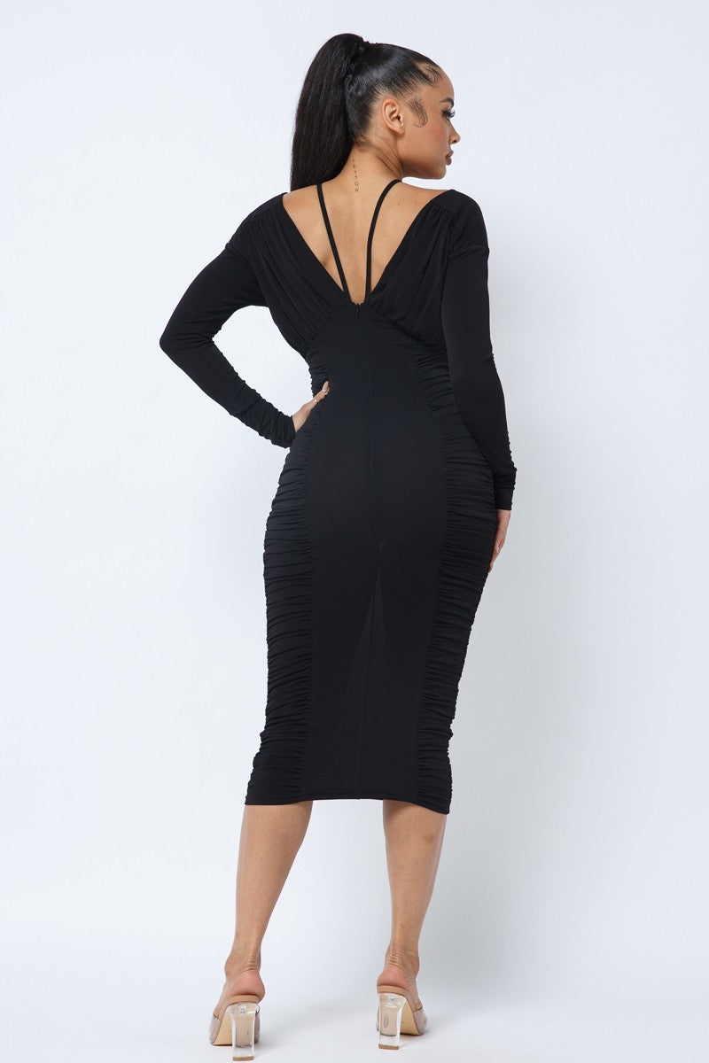 Long Sleeve Midi Dress With Low V Neck Front And Back With Ruching On Sides And Chest Look Up Deals