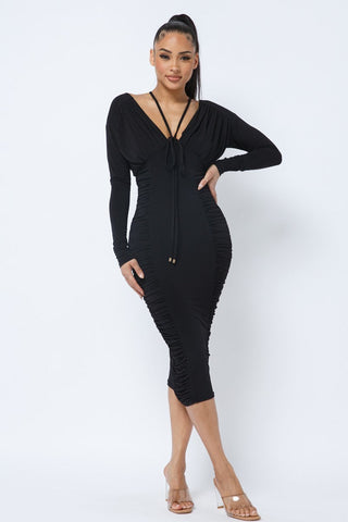 Long Sleeve Midi Dress With Low V Neck Front And Back With Ruching On Sides And Chest Look Up Deals